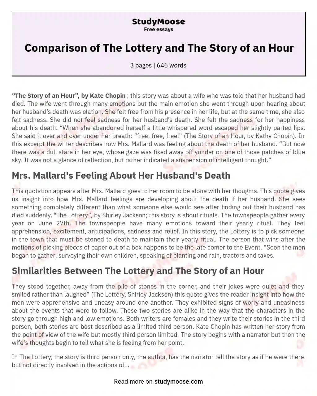 Comparison of The Lottery and The Story of an Hour essay