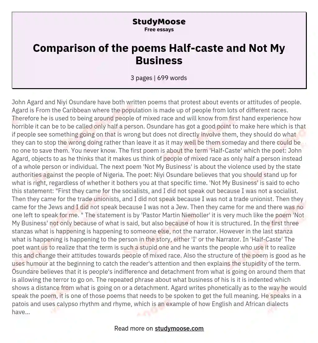 Comparison of the poems Half-caste and Not My Business essay