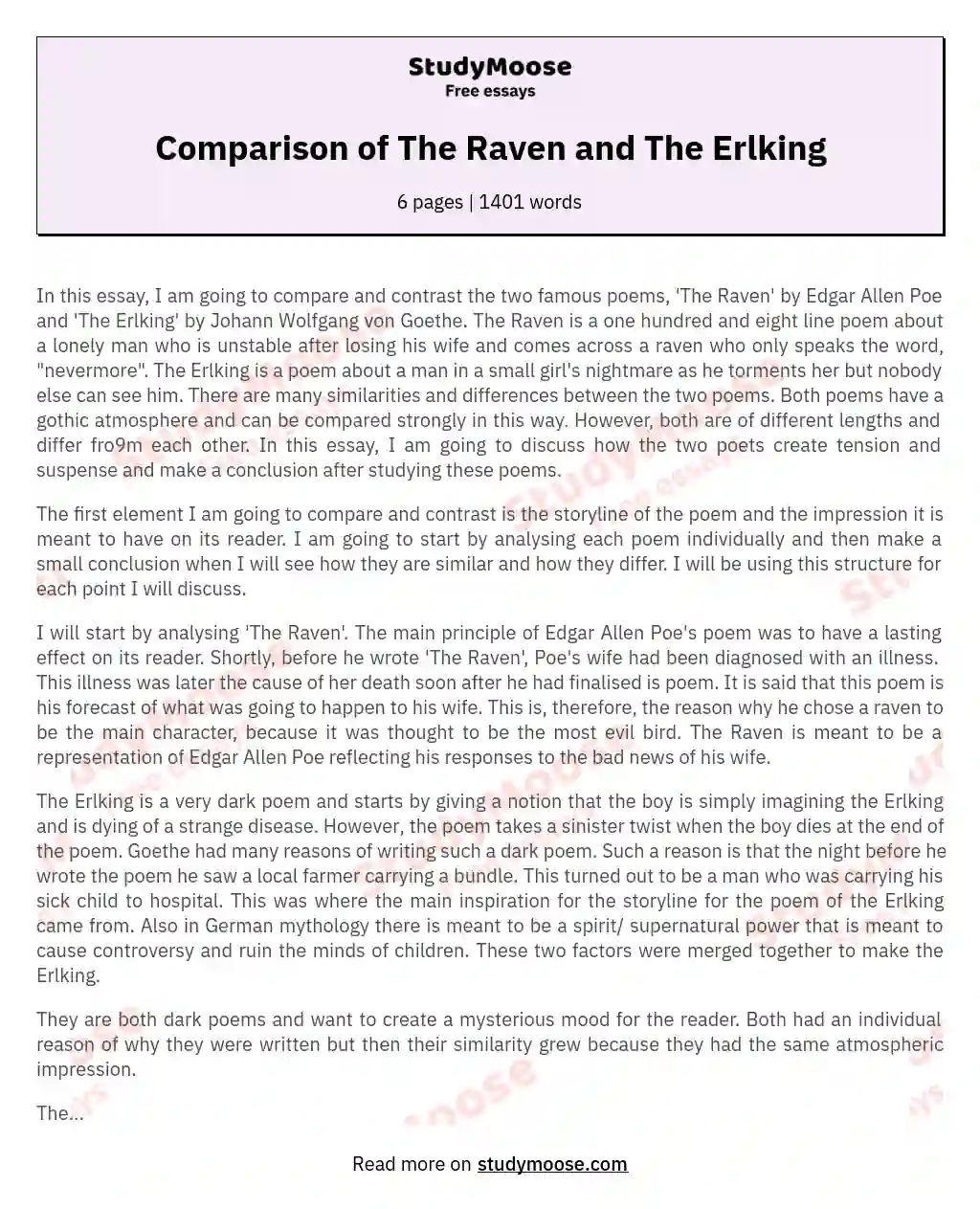 Comparison of The Raven and The Erlking essay