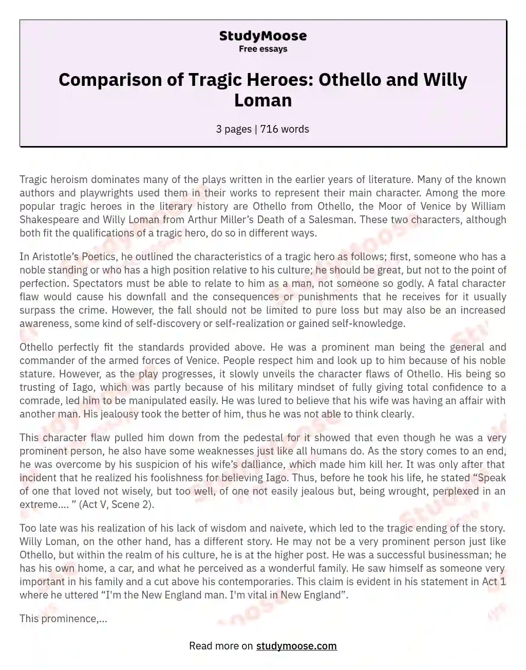 Comparison of Tragic Heroes: Othello and Willy Loman essay