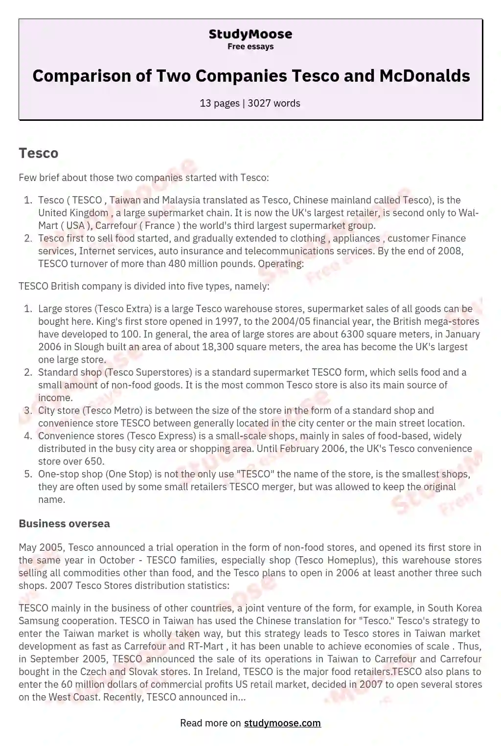 Comparison of Two Companies Tesco and McDonalds essay
