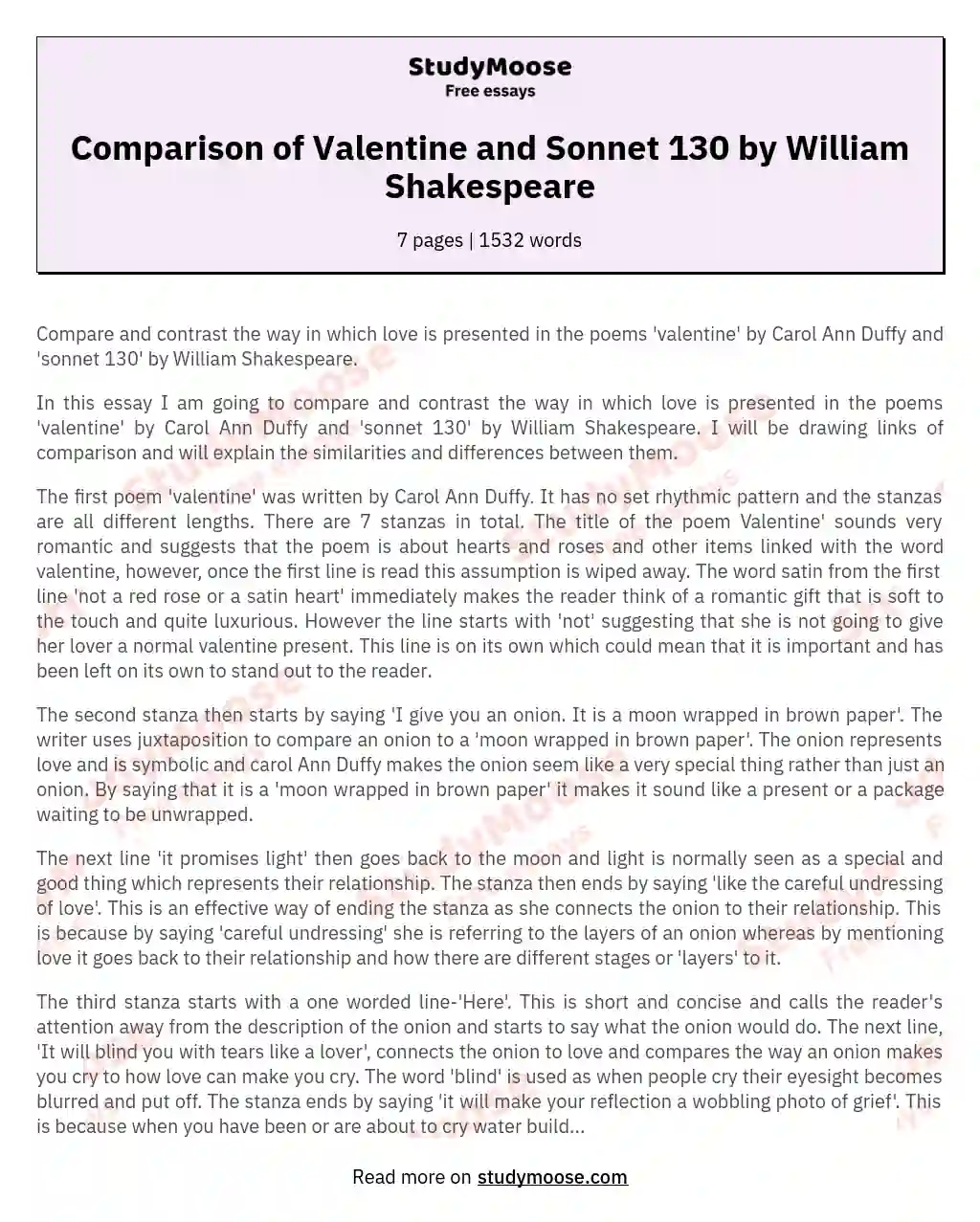 Comparison of Valentine and Sonnet 130 by William Shakespeare essay