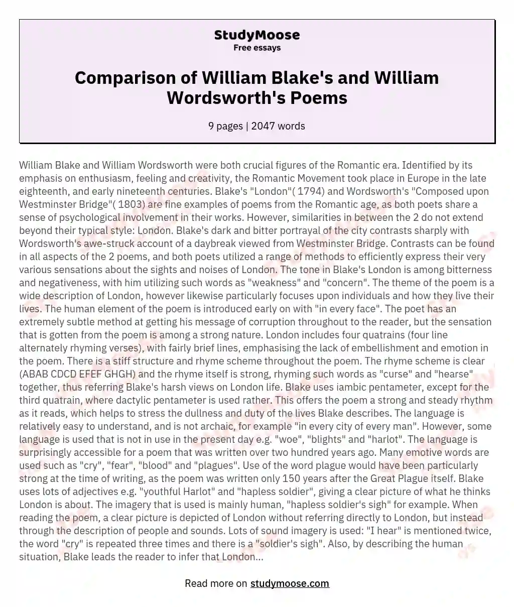 Comparison of William Blake's and William Wordsworth's Poems