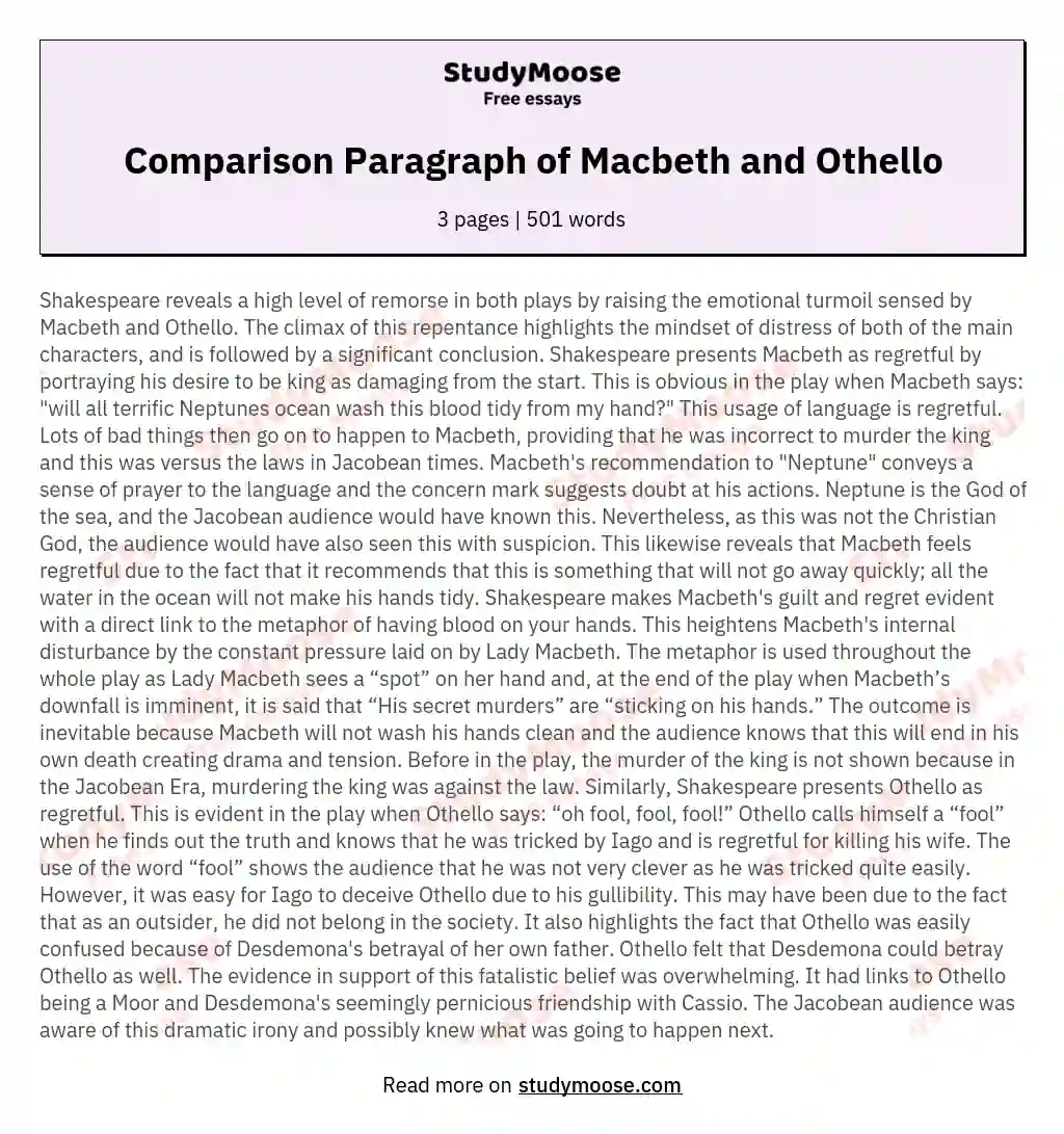 Comparison Paragraph of Macbeth and Othello essay