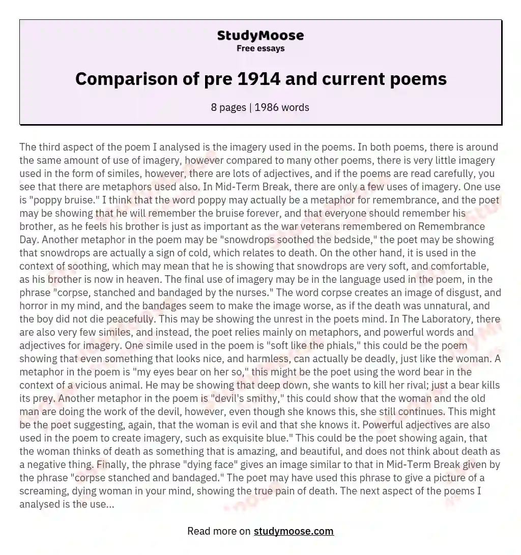 Comparison of pre 1914 and current poems essay