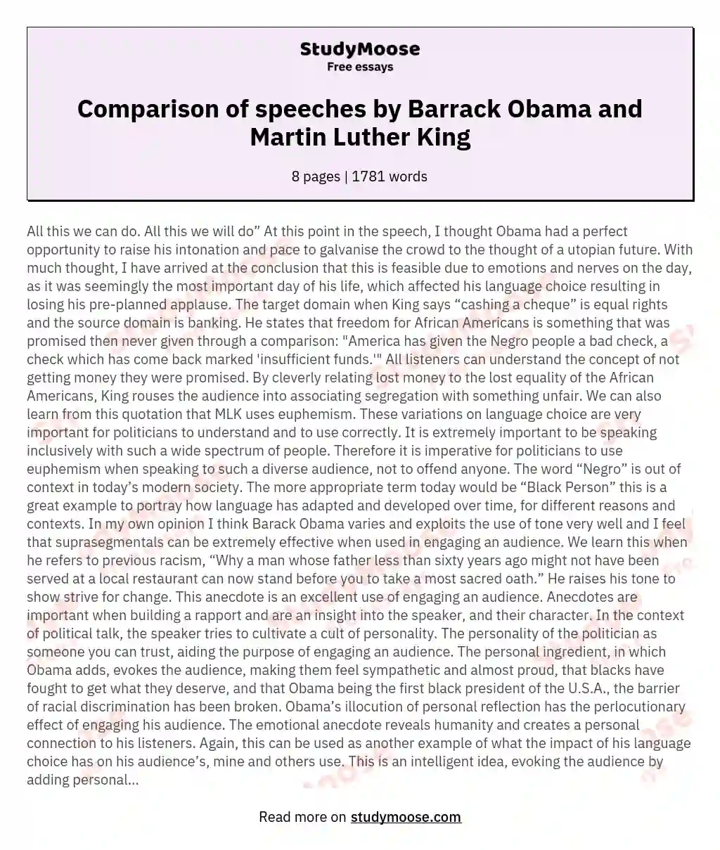 Comparison of speeches by Barrack Obama and Martin Luther King essay