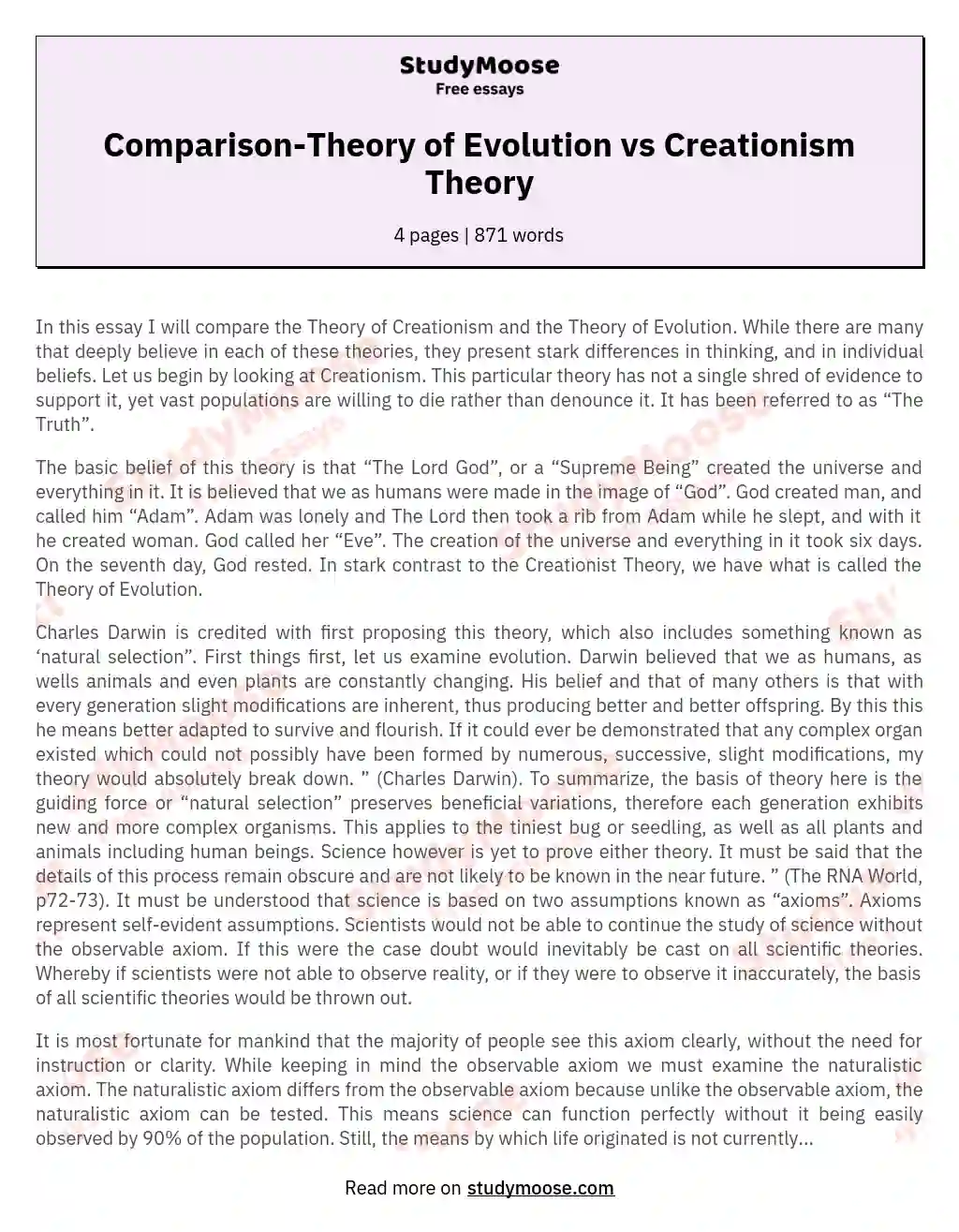 Comparison-Theory of Evolution vs Creationism Theory essay