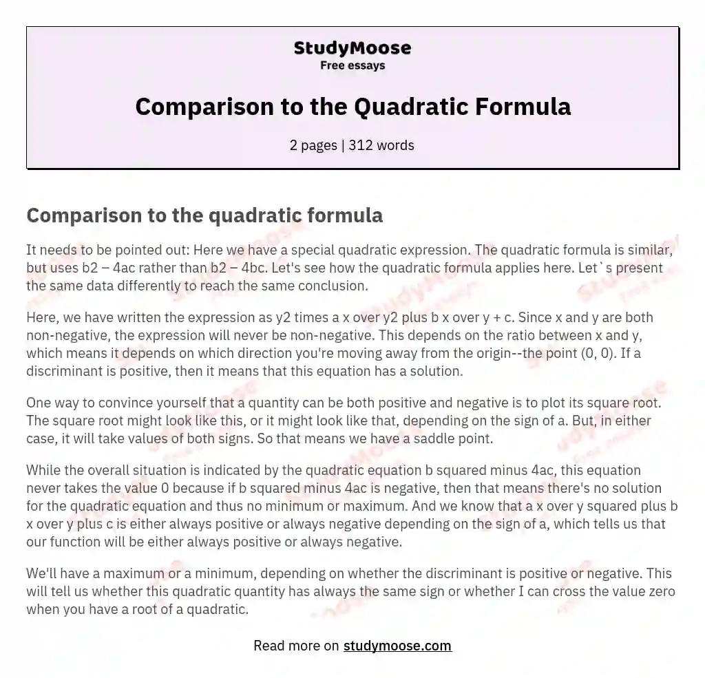 Comparison to the Quadratic Formula essay