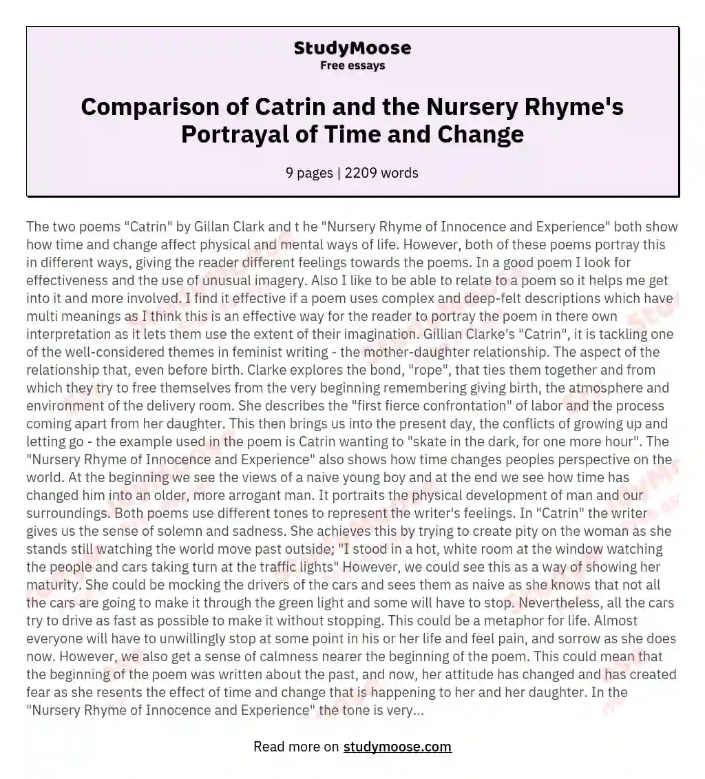 Comparison of the Two Poems "Catrin" and the "Nursery Rhyme of Innocence and Experience" and How they Portray Time and Change