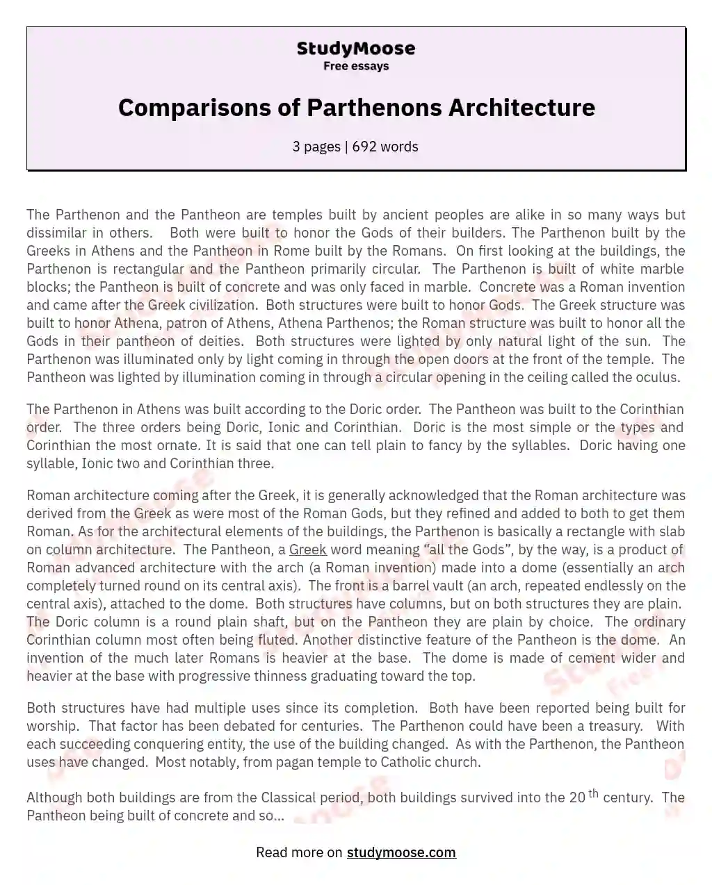 Comparisons of Parthenons Architecture essay