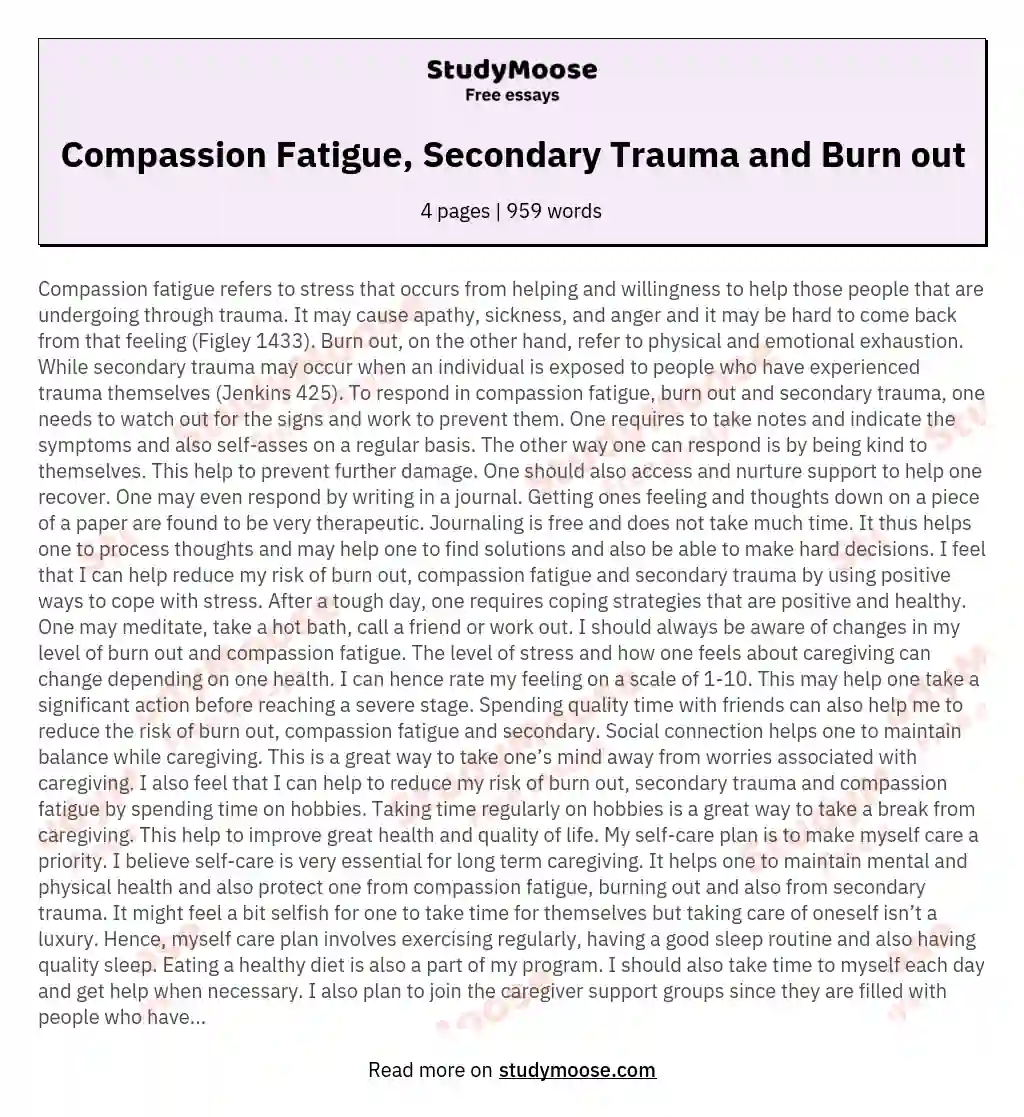 Compassion Fatigue, Secondary Trauma and Burn out essay