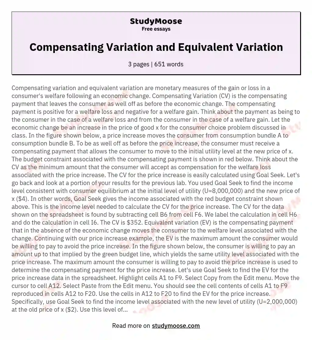 Compensating Variation and Equivalent Variation essay