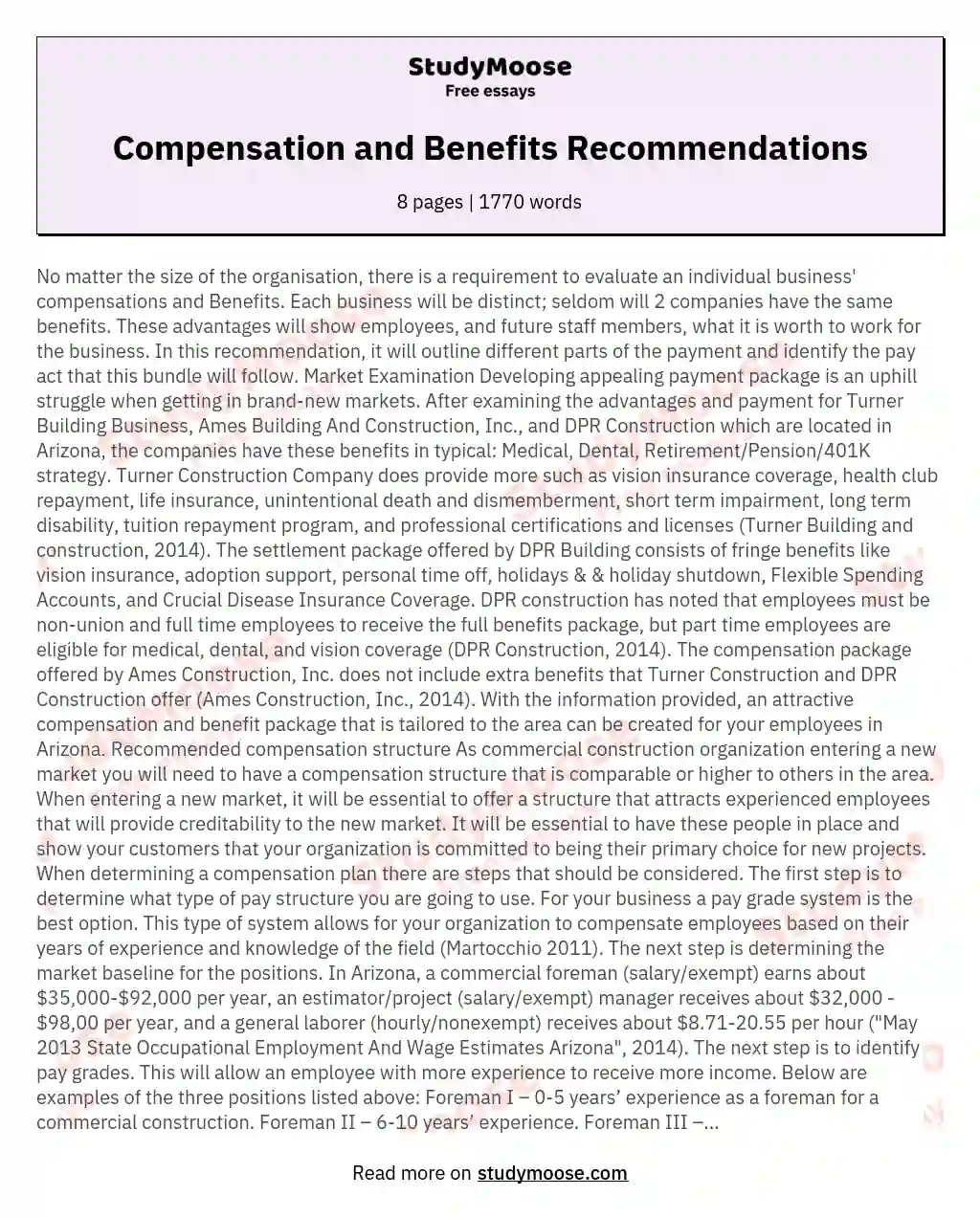 Compensation and Benefits Recommendations