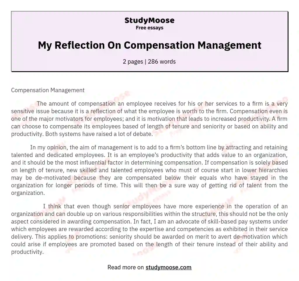 My Reflection On Compensation Management essay