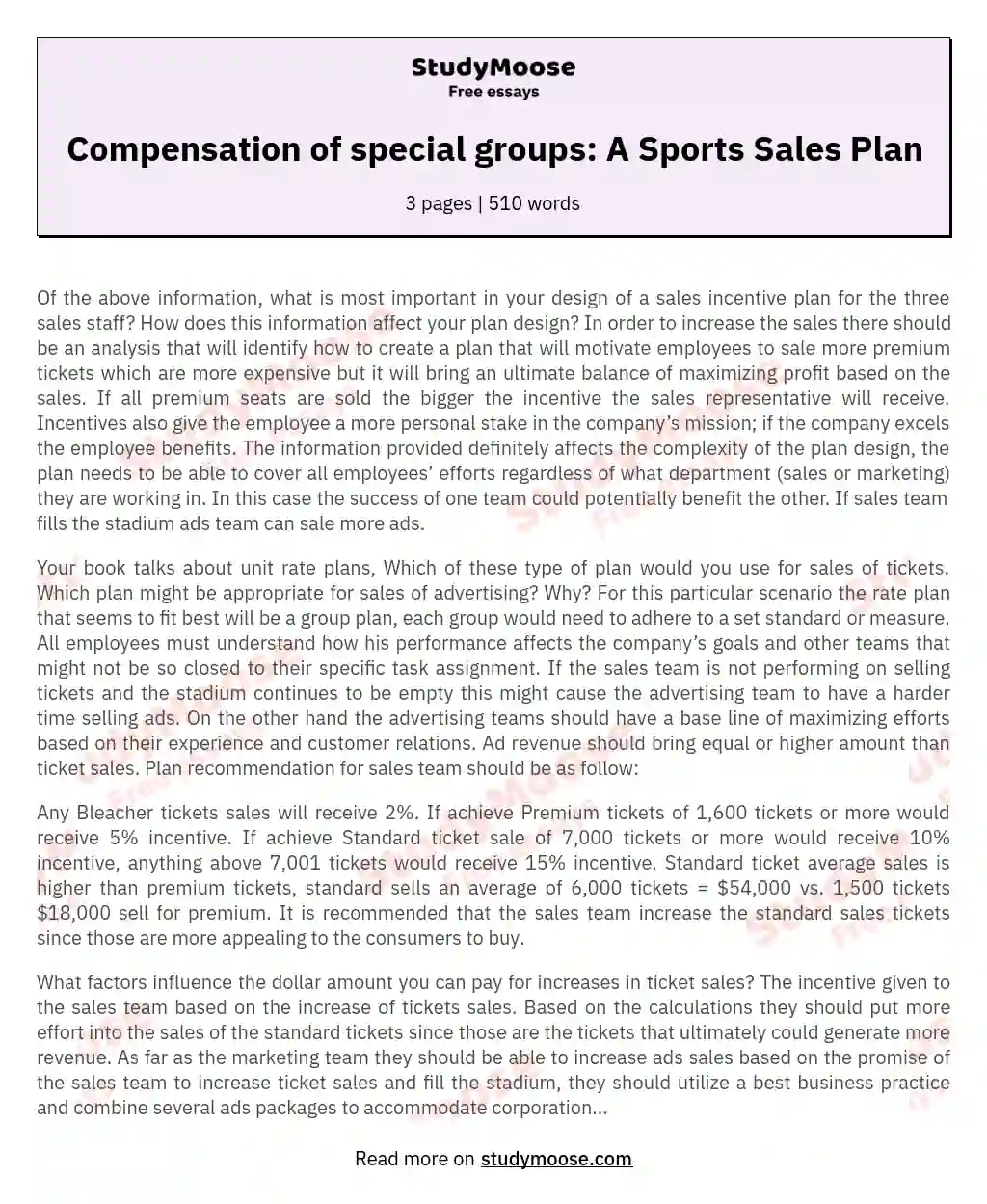 Compensation of special groups: A Sports Sales Plan