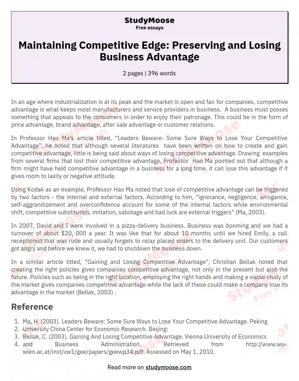 Maintaining Competitive Edge: Preserving and Losing Business Advantage essay