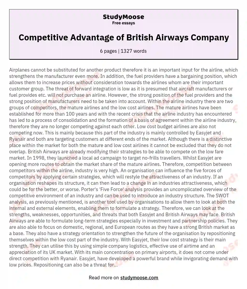 Competitive Advantage of British Airways Company essay
