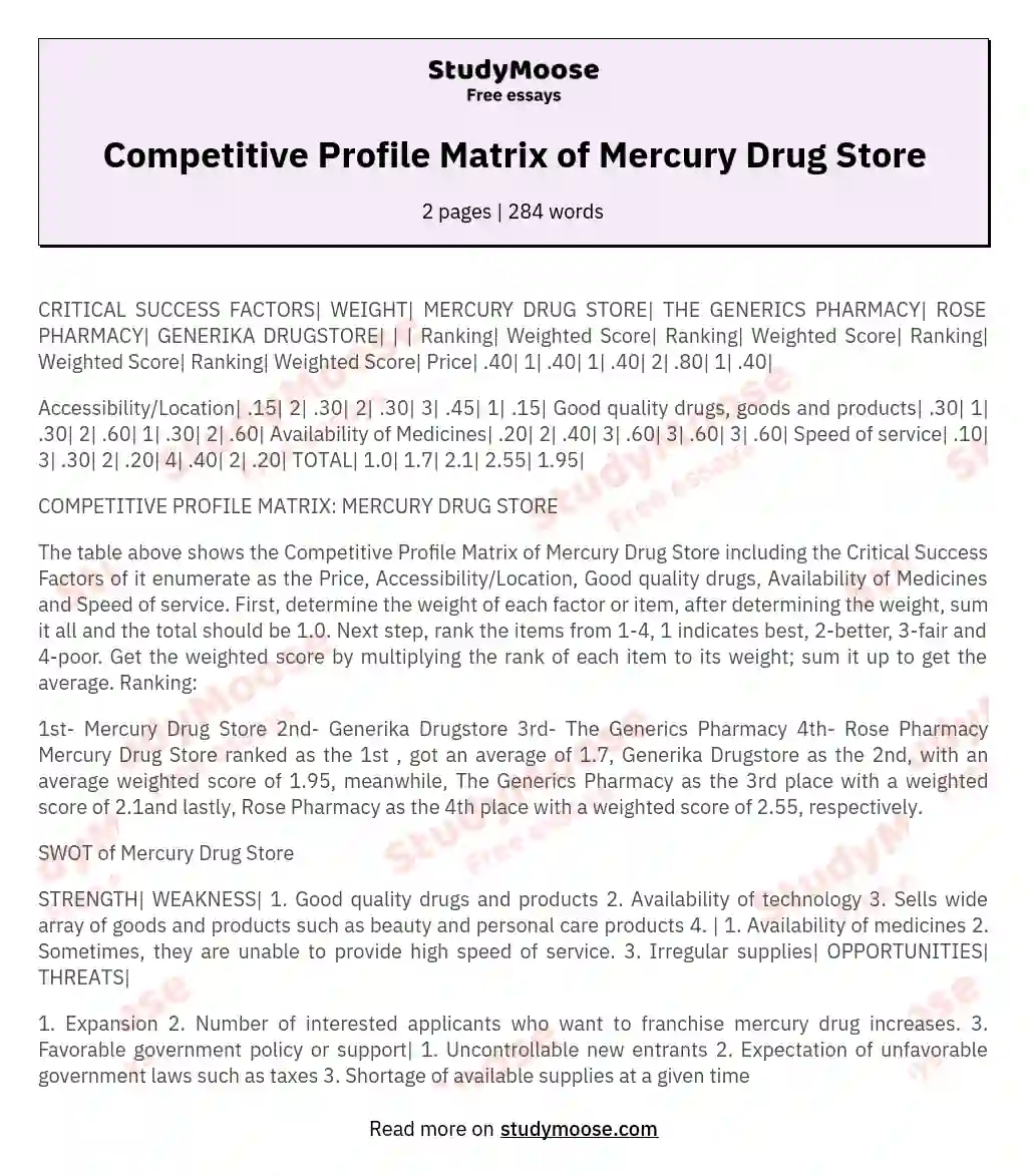 Competitive Profile Matrix of Mercury Drug Store