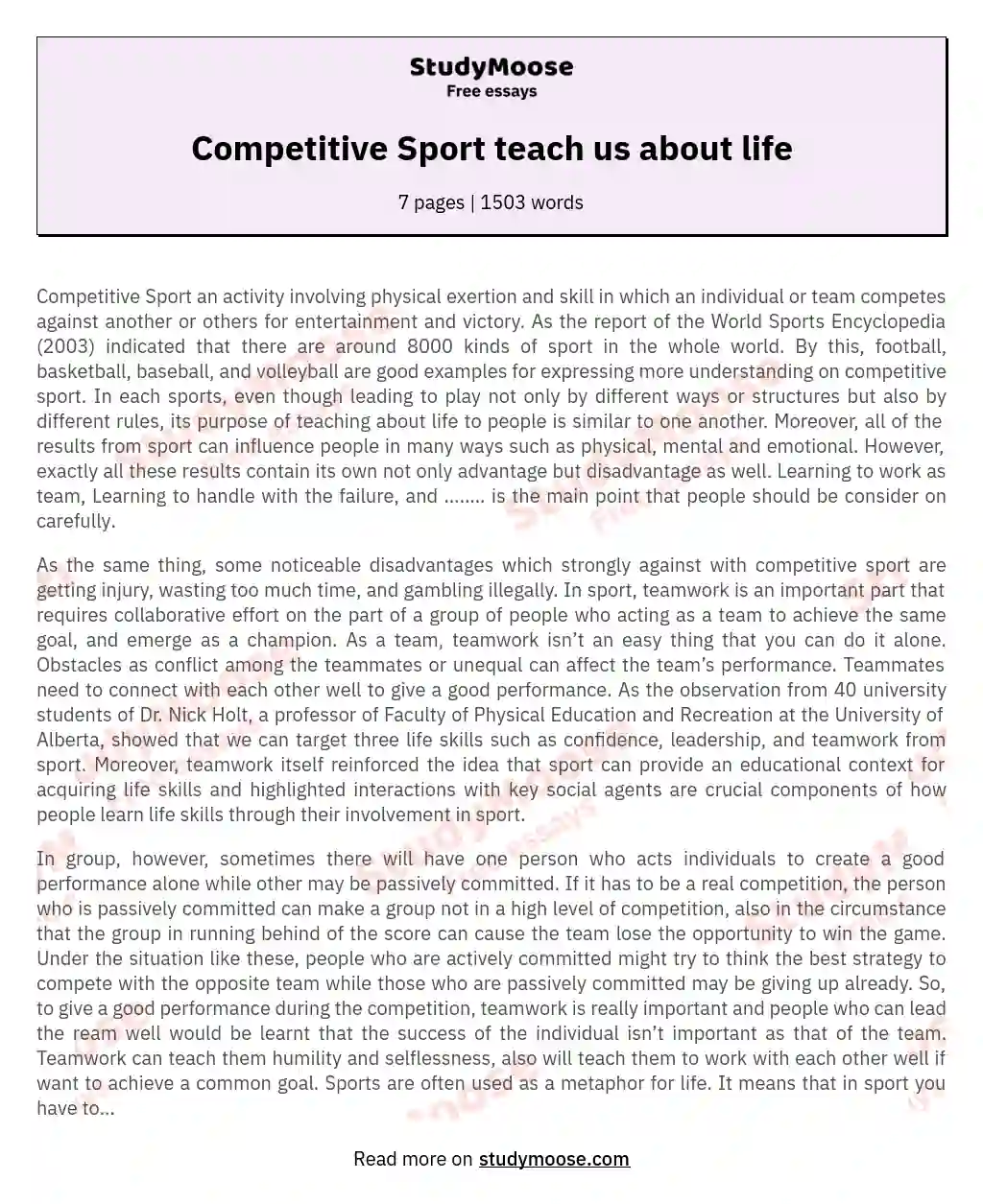 Competitive Sport teach us about life essay