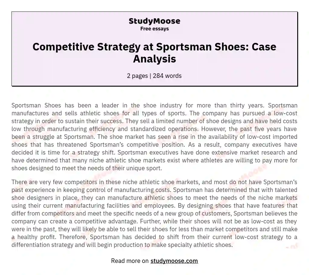 Competitive Strategy at Sportsman Shoes: Case Analysis essay
