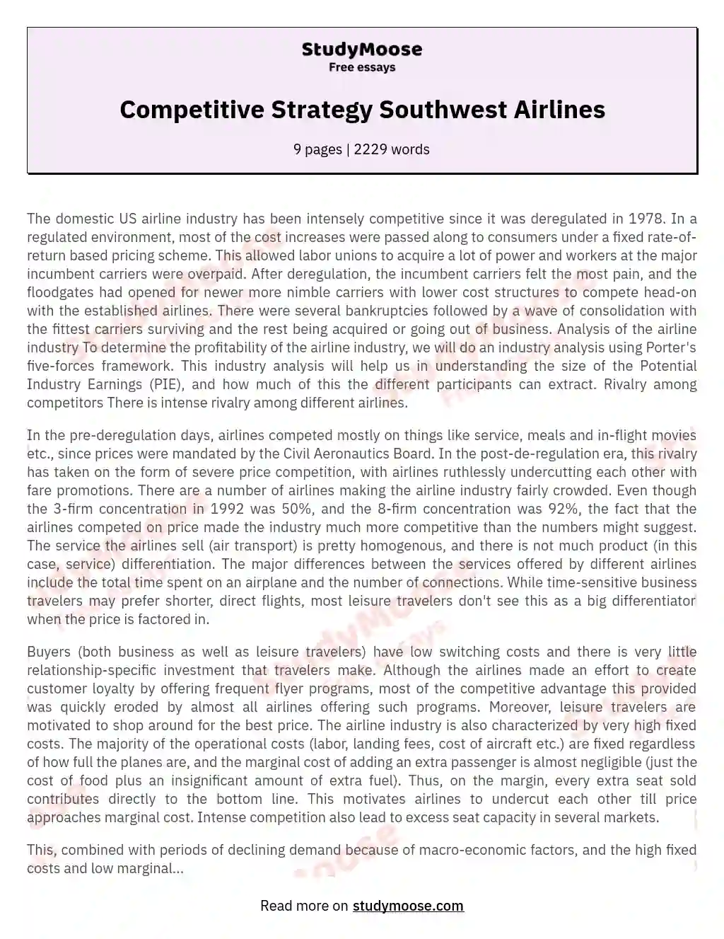 Competitive Strategy Southwest Airlines essay