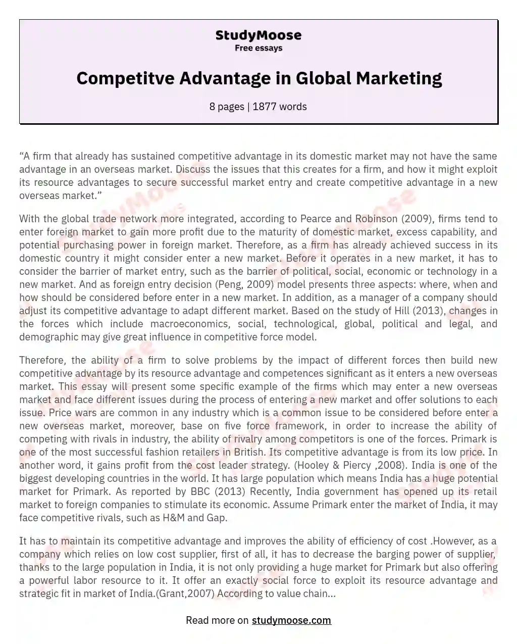 Competitve Advantage in Global Marketing essay
