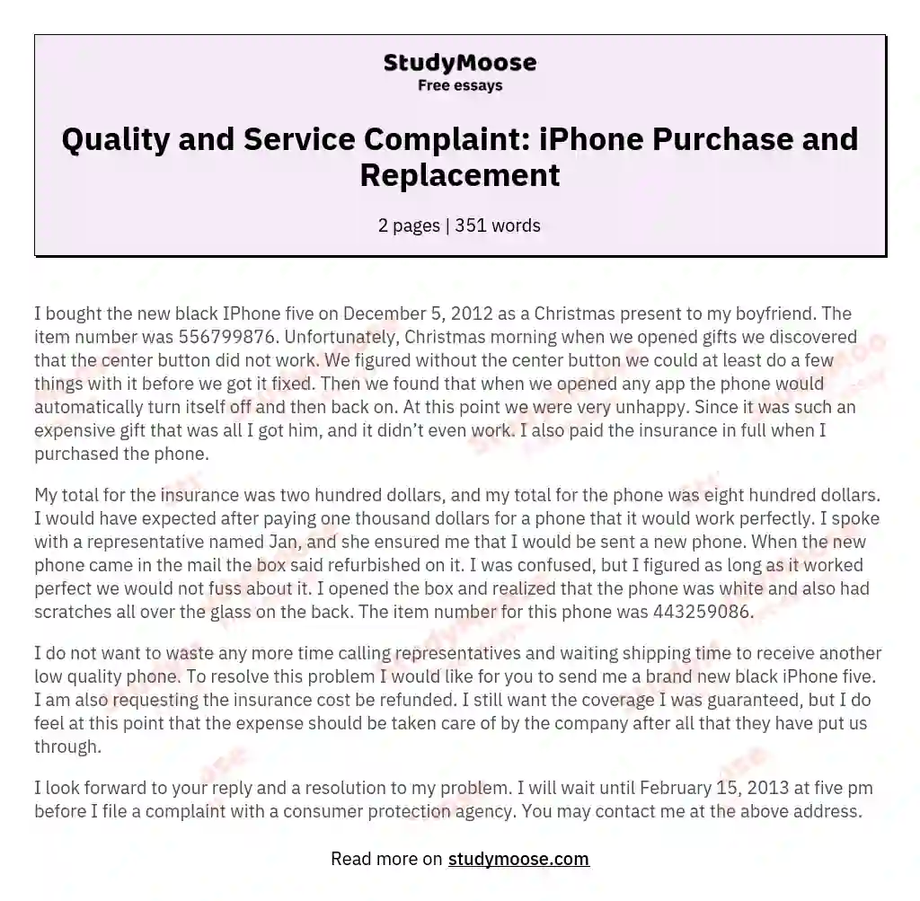 Quality and Service Complaint: iPhone Purchase and Replacement essay
