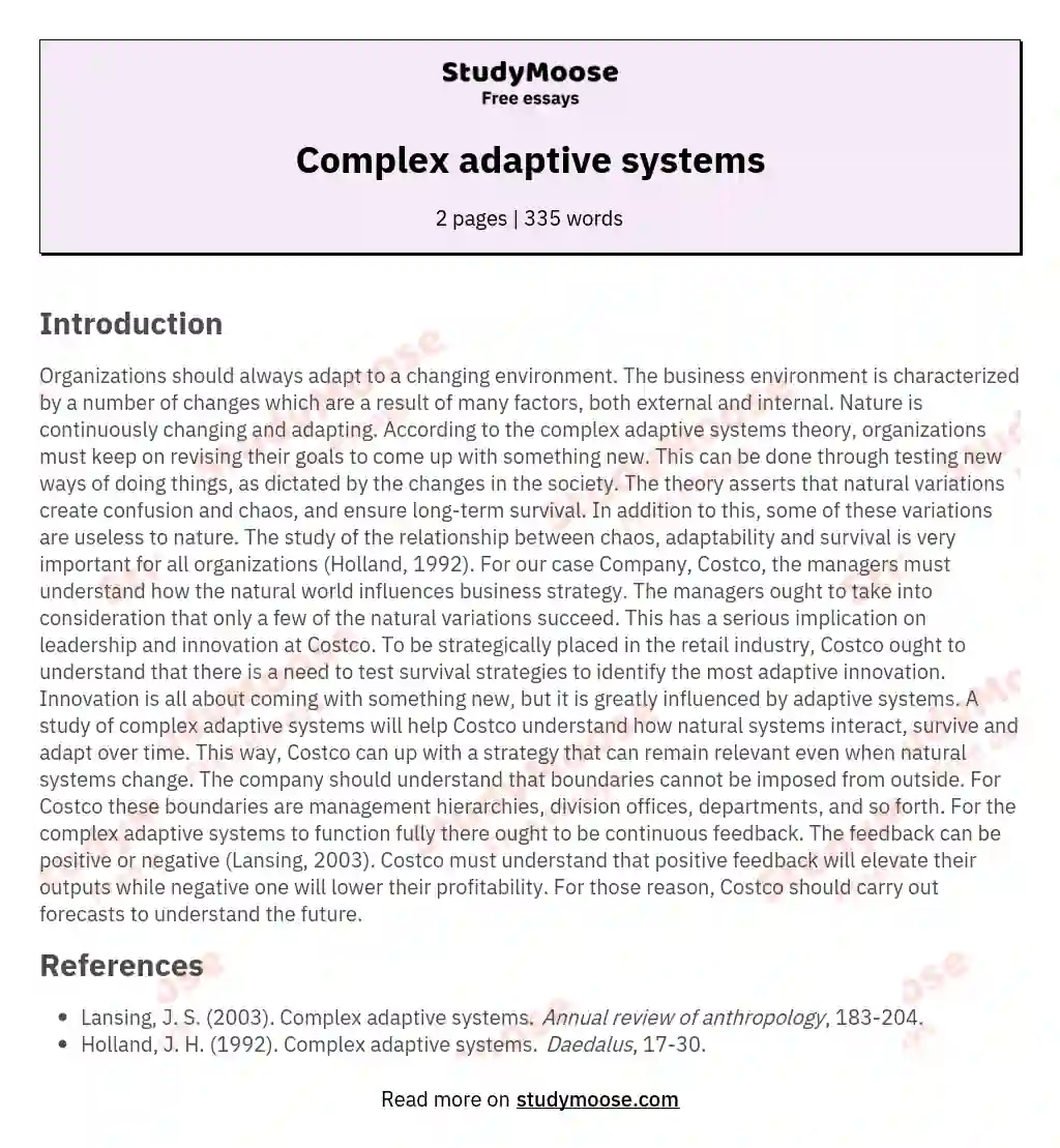 Complex adaptive systems essay