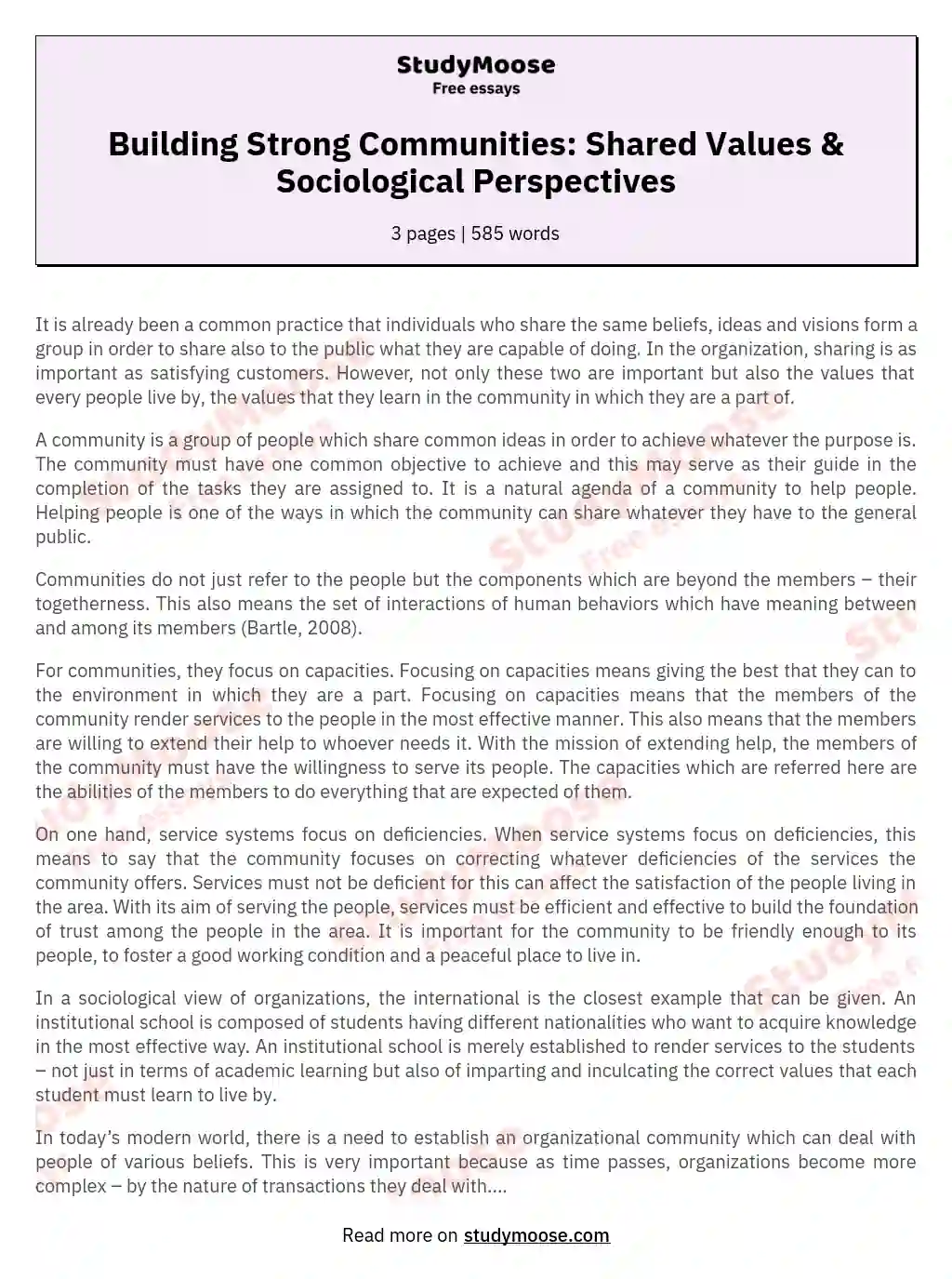 Building Strong Communities: Shared Values & Sociological Perspectives essay