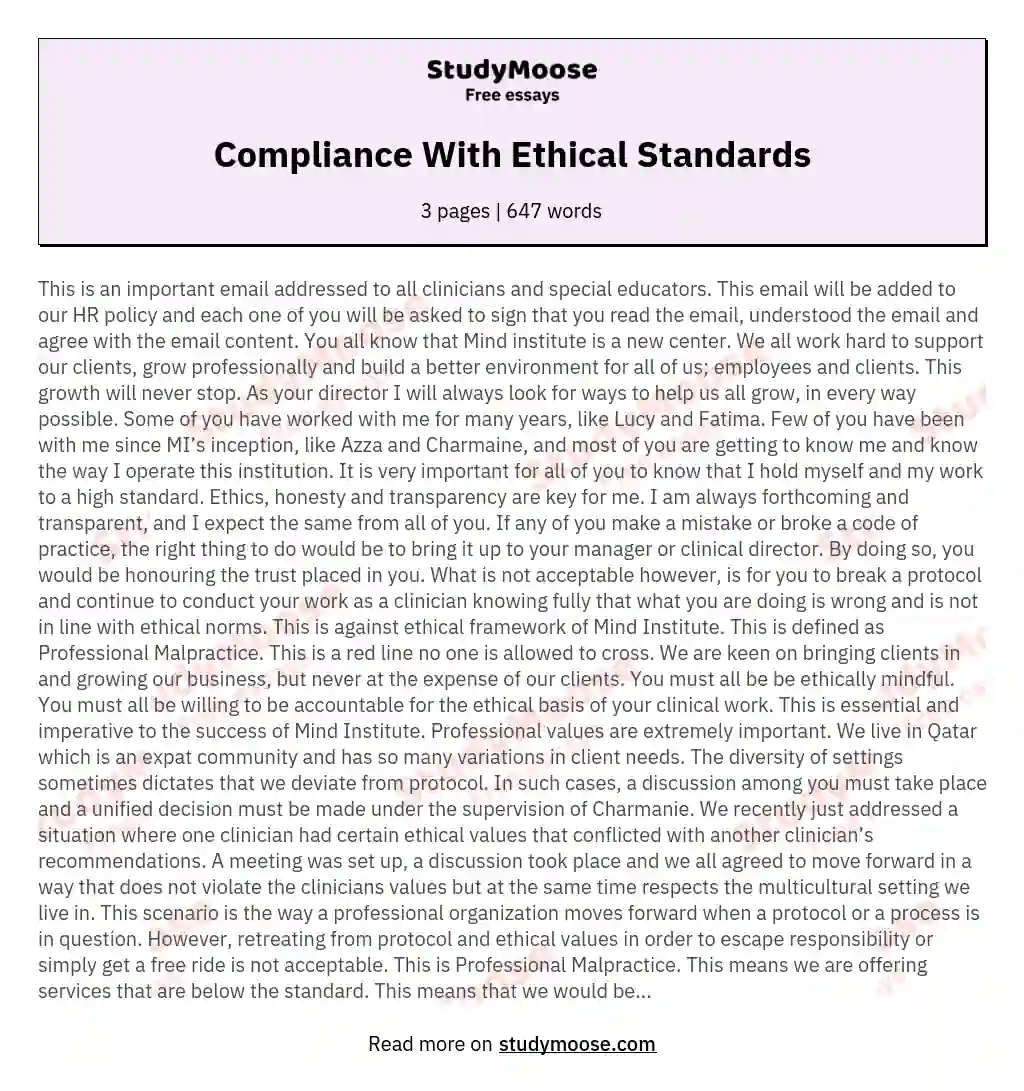 Compliance With Ethical Standards Free Essay Example