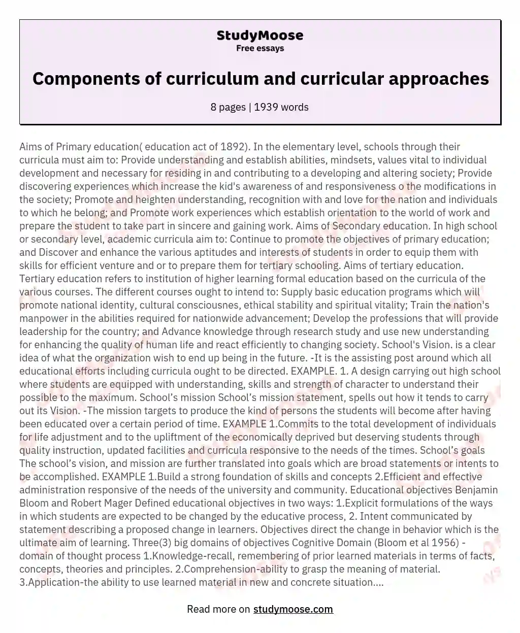 Components of curriculum and curricular approaches essay