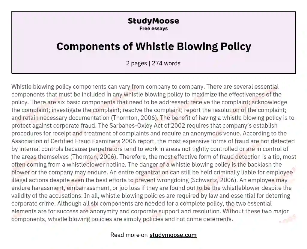 Components of Whistle Blowing Policy essay