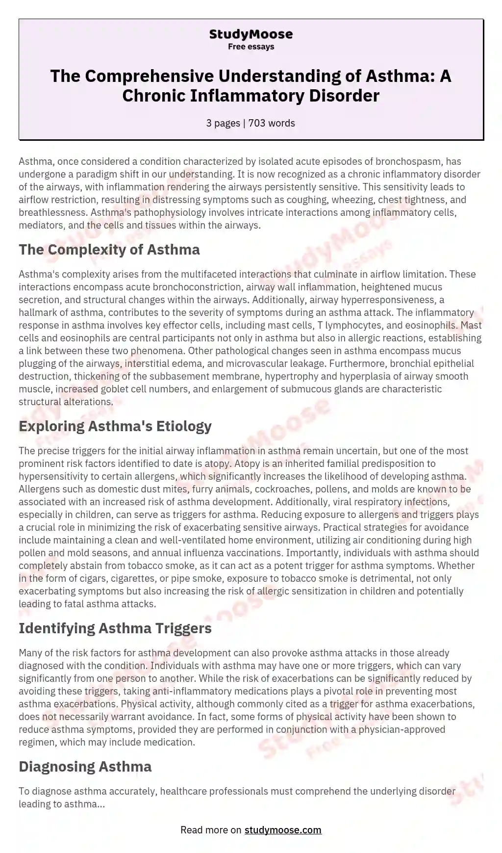 The Comprehensive Understanding of Asthma: A Chronic Inflammatory Disorder essay