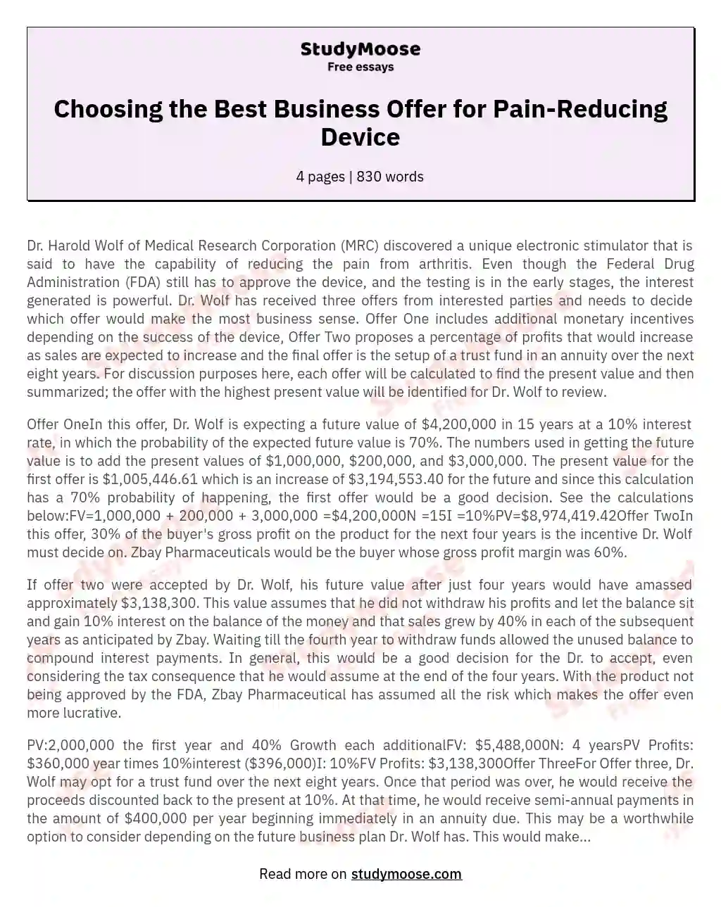 Choosing the Best Business Offer for Pain-Reducing Device essay