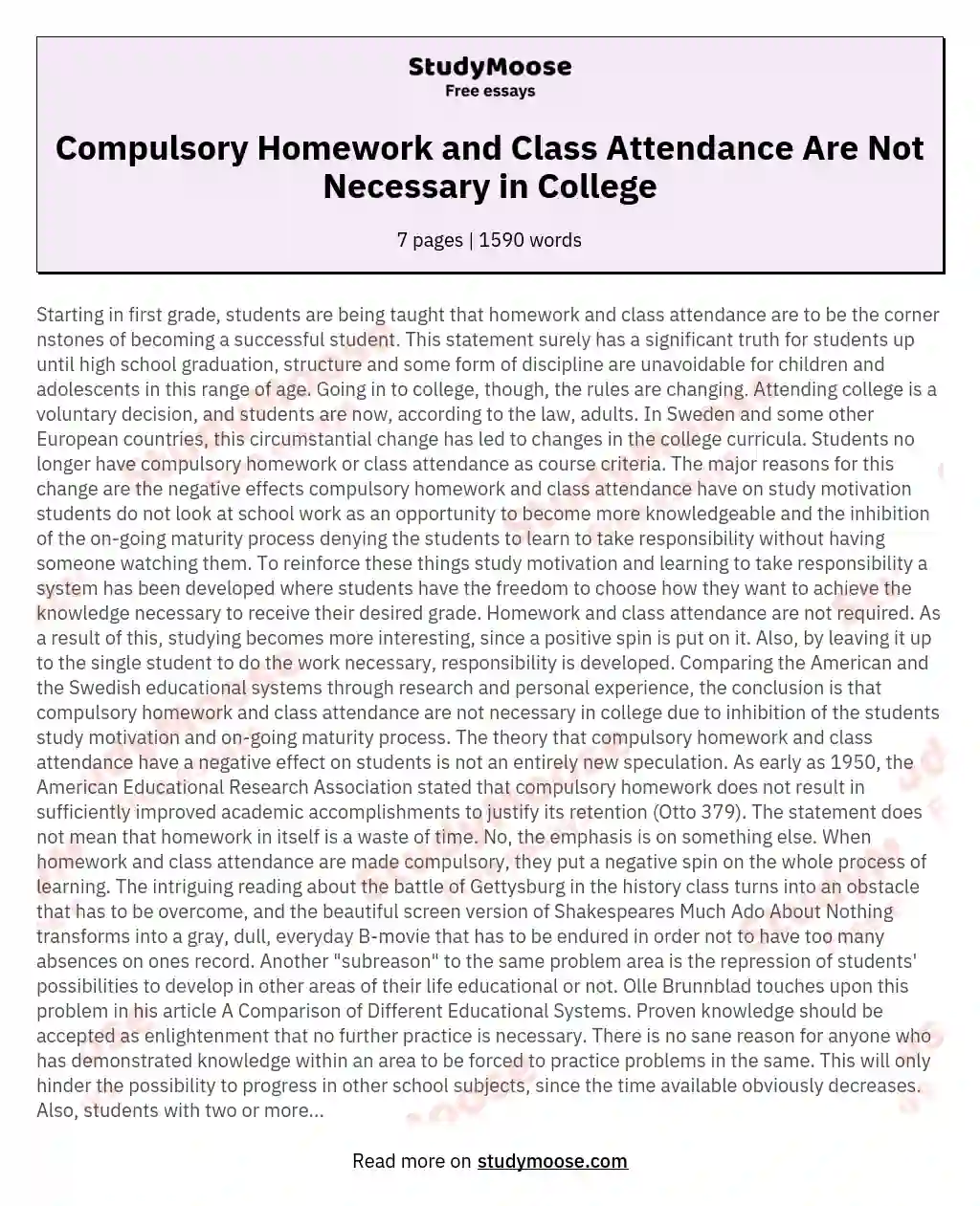 Compulsory Homework and Class Attendance Are Not Necessary in College essay