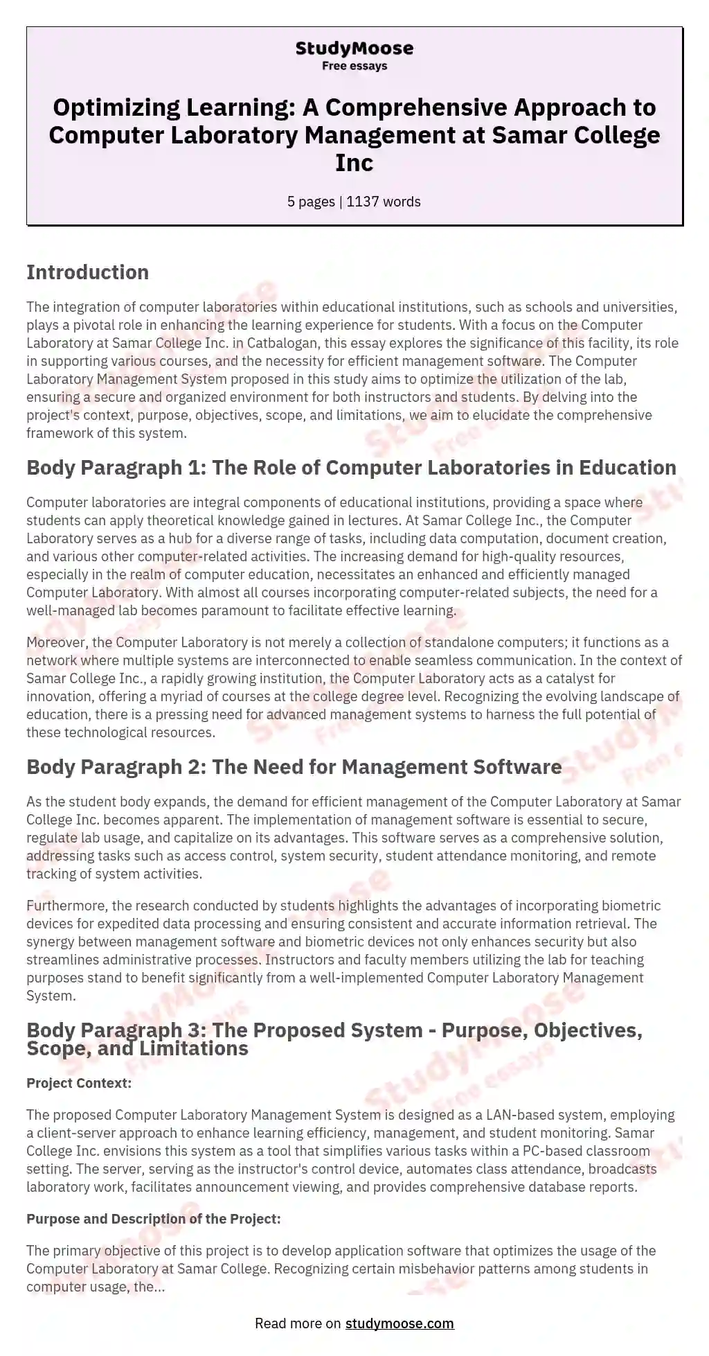 Optimizing Learning: A Comprehensive Approach to Computer Laboratory Management at Samar College Inc essay