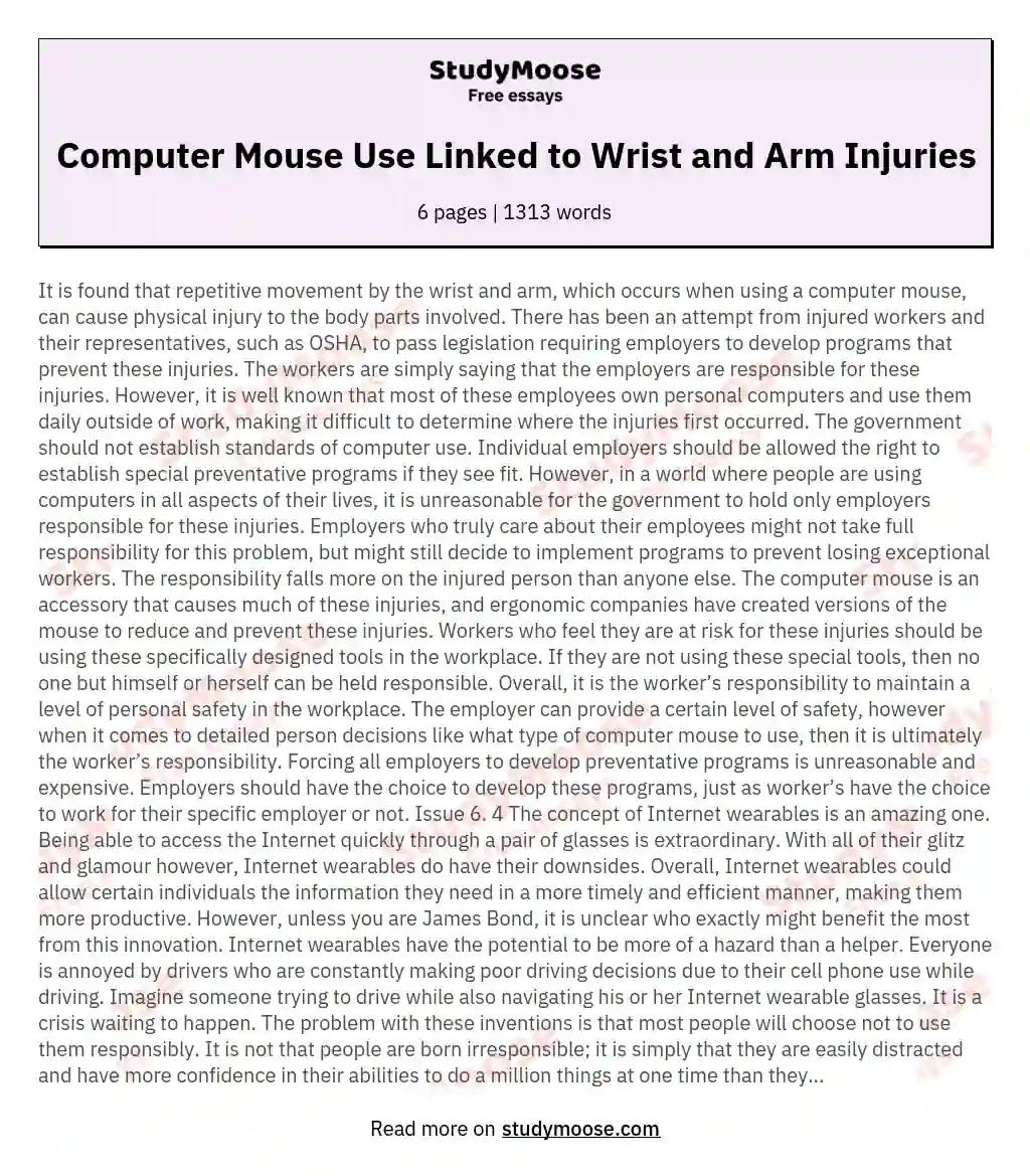 Computer Mouse Use Linked to Wrist and Arm Injuries essay