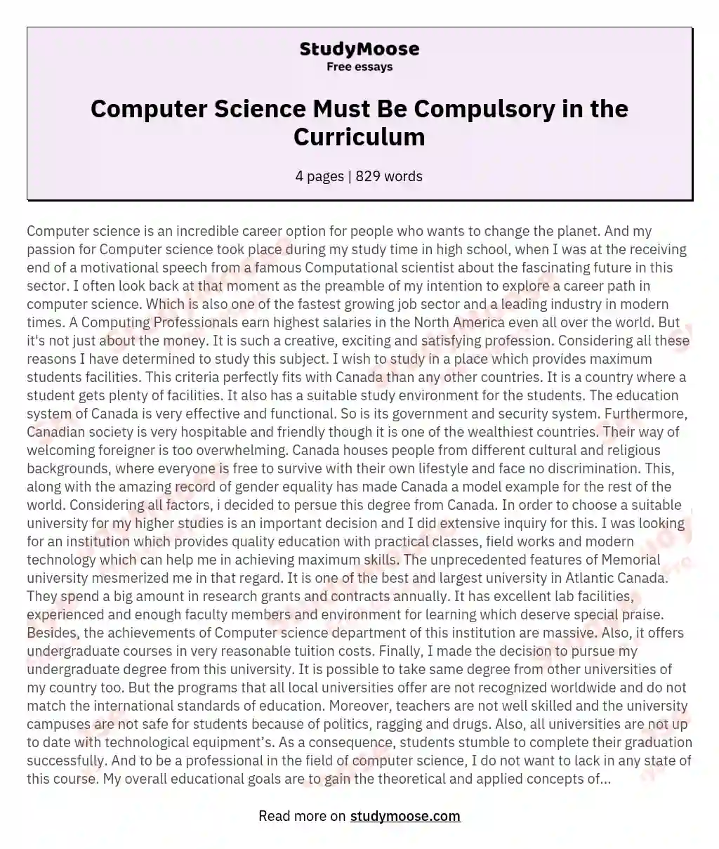 Computer Science Must Be Compulsory in the Curriculum essay