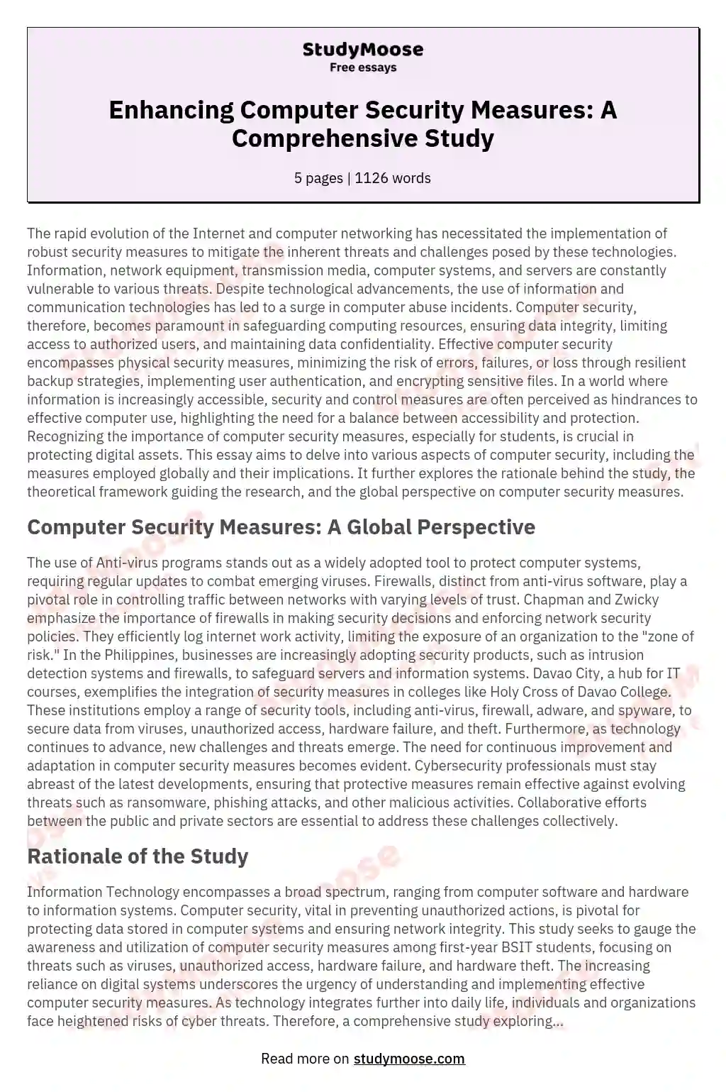Enhancing Computer Security Measures: A Comprehensive Study essay