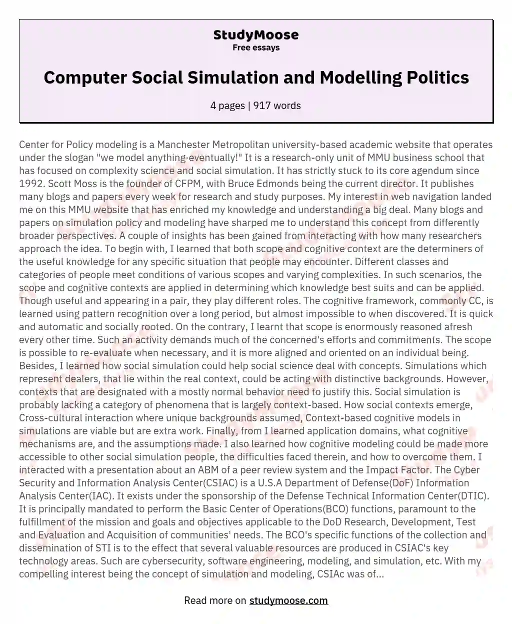 Computer Social Simulation and Modelling Politics