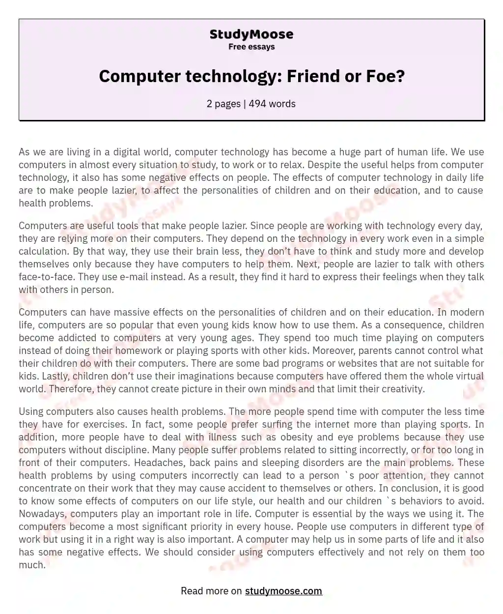Computer technology: Friend or Foe? essay