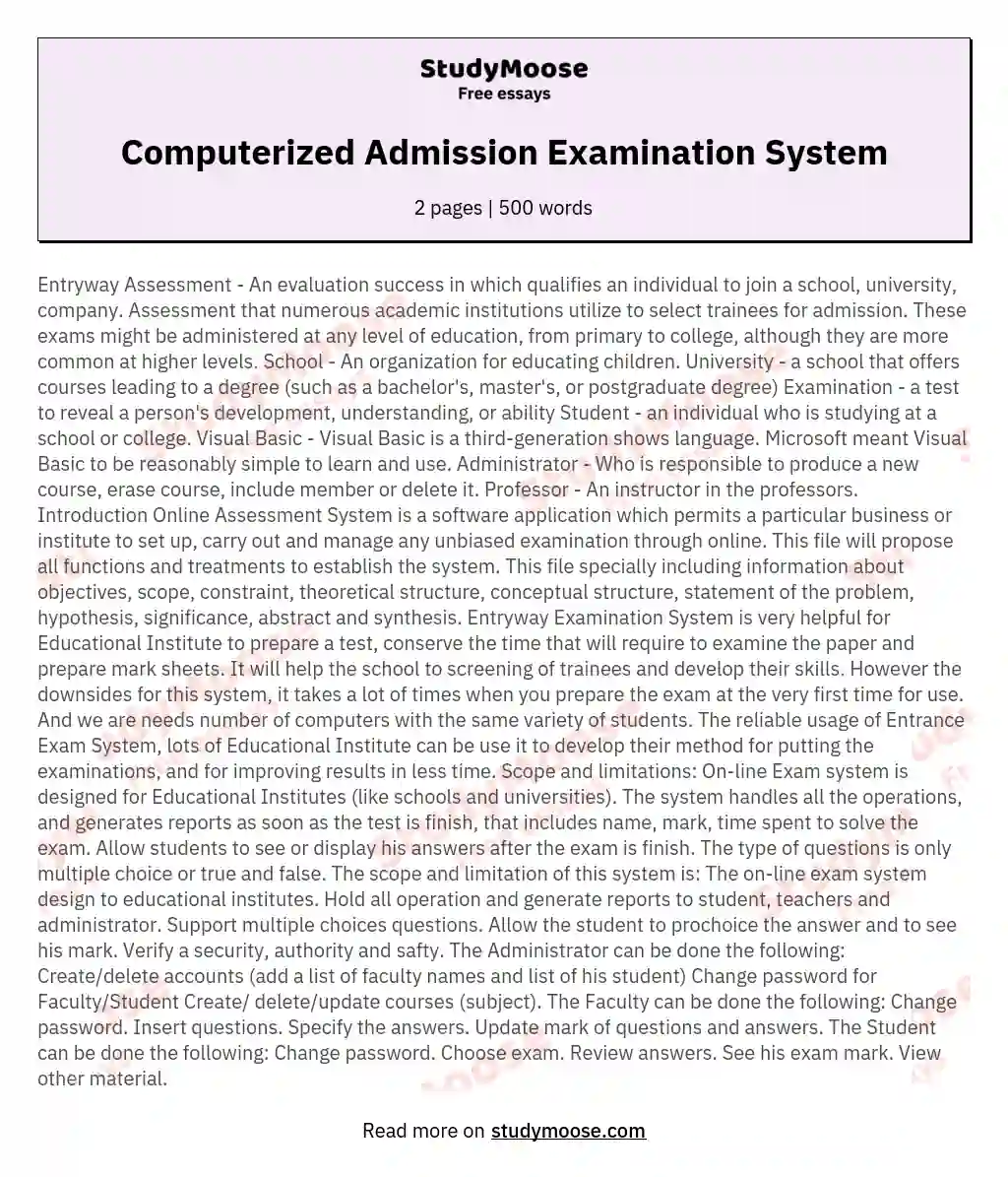 Computerized Admission Examination System essay