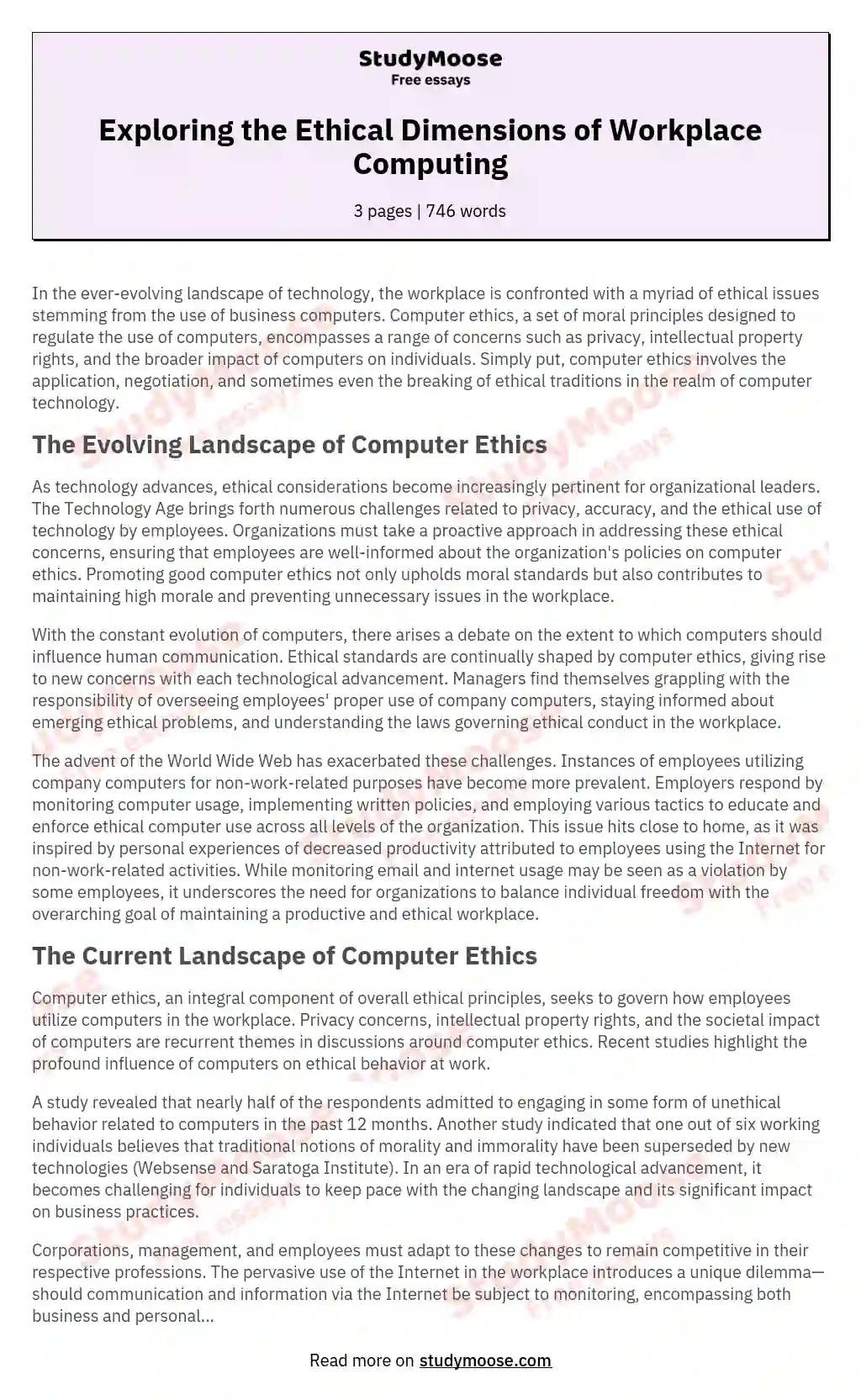 Exploring the Ethical Dimensions of Workplace Computing essay