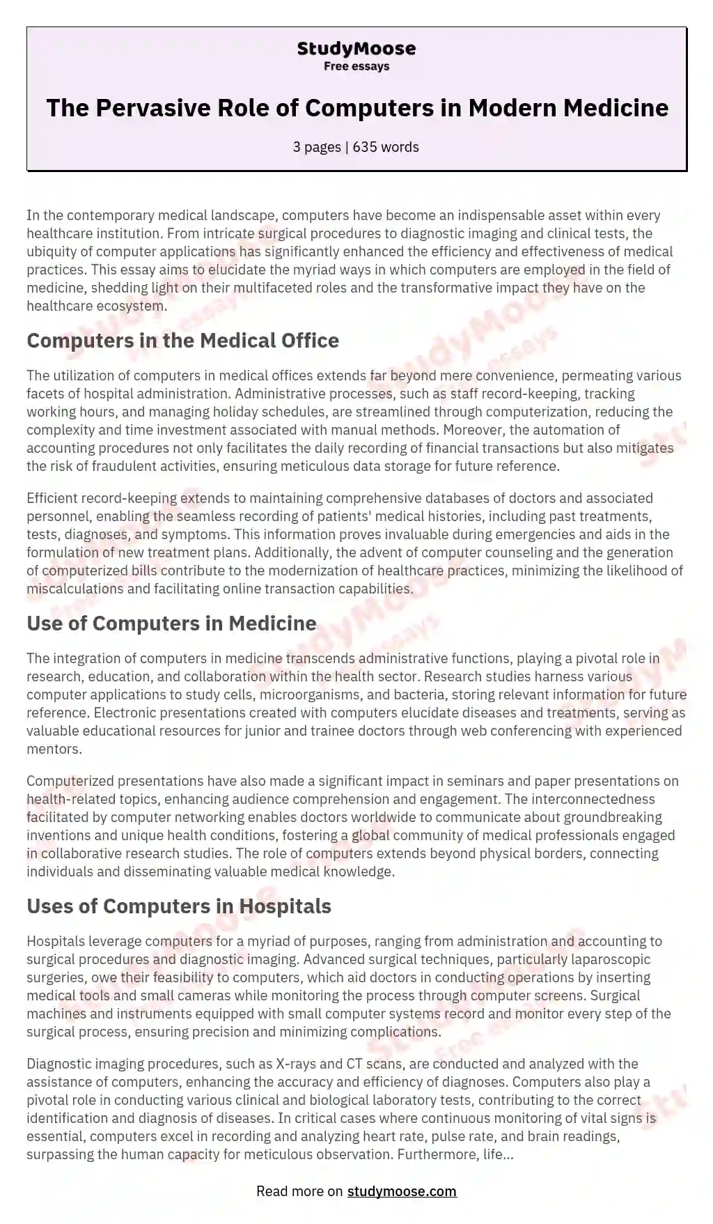 The Pervasive Role of Computers in Modern Medicine essay