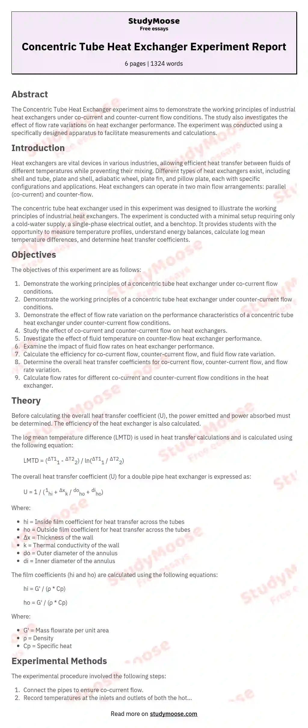 Concentric Tube Heat Exchanger Experiment Report essay