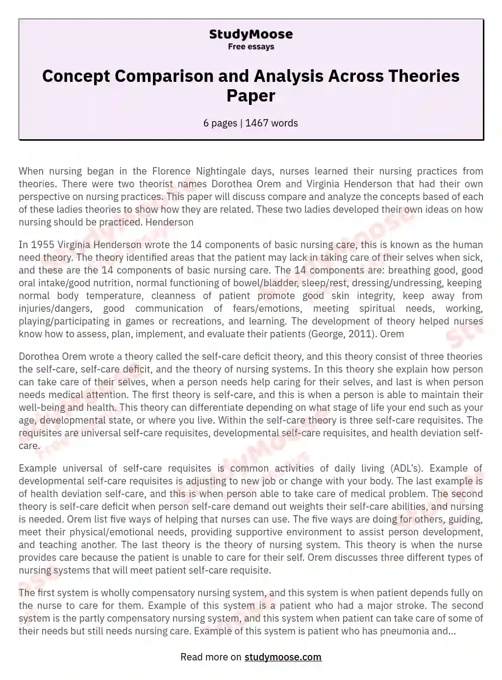 Concept Comparison and Analysis Across Theories Paper essay