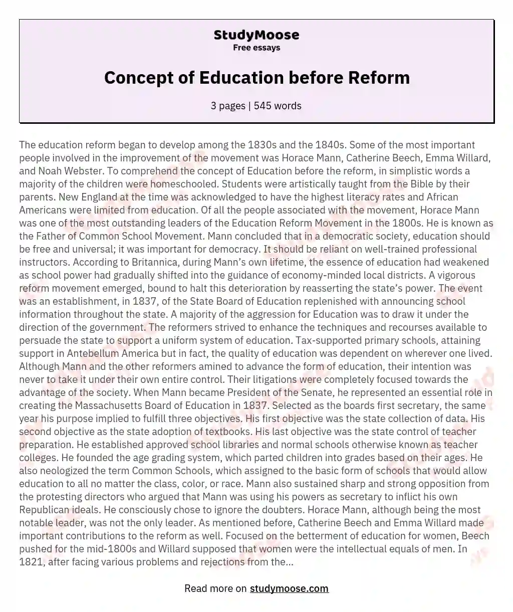 Concept of Education before Reform essay