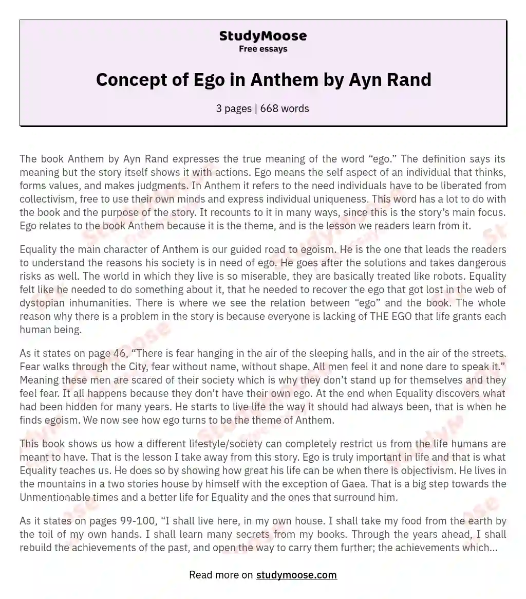 Concept of Ego in Anthem by Ayn Rand essay