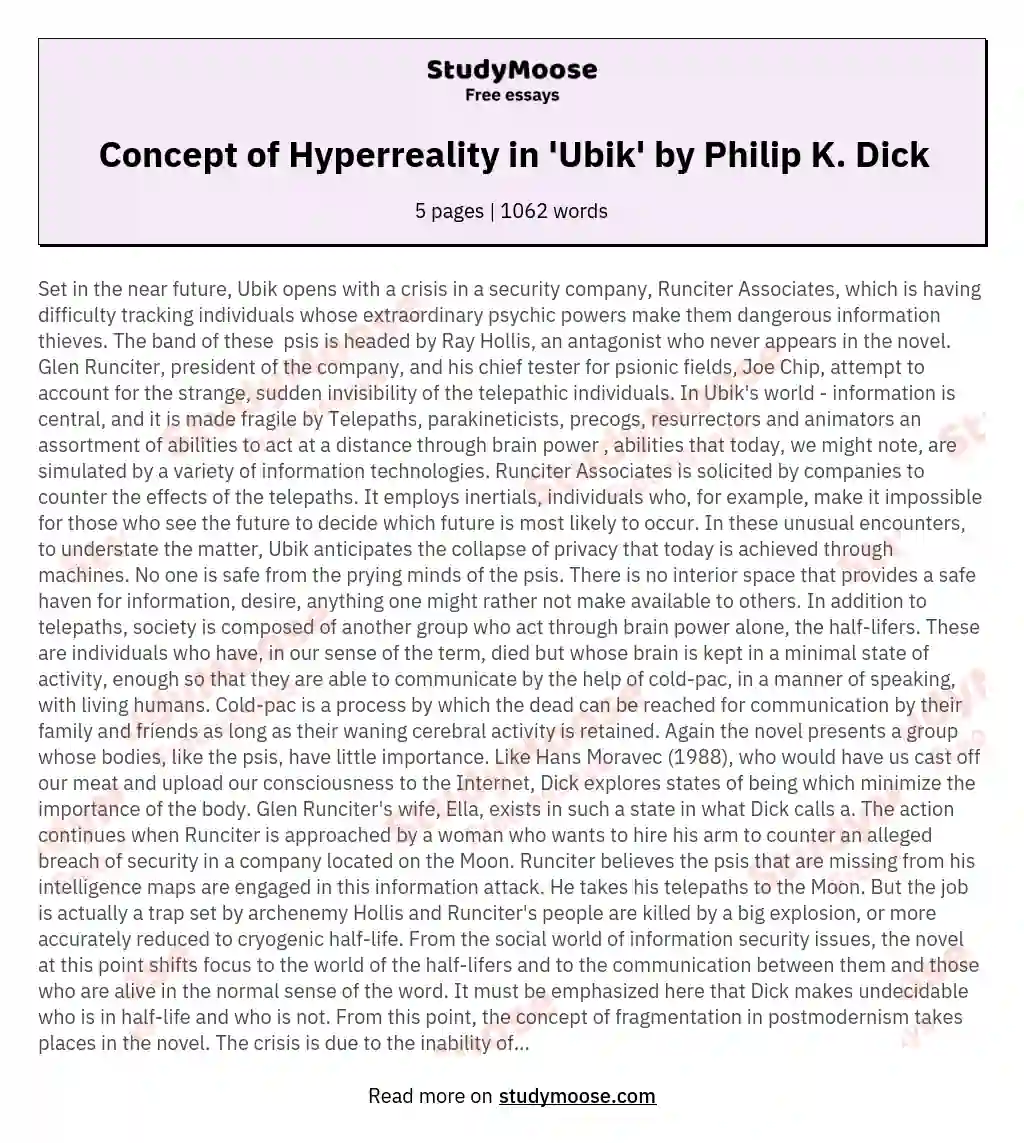 Concept of Hyperreality in 'Ubik' by Philip K. Dick essay