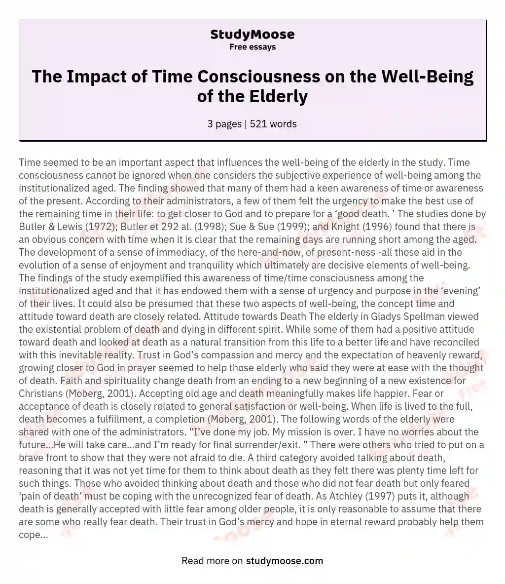 The Impact of Time Consciousness on the Well-Being of the Elderly essay